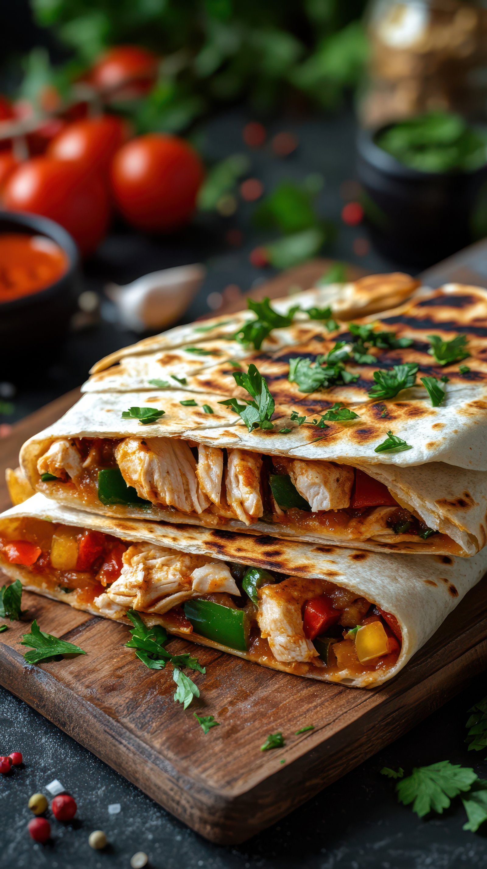 Delicious grilled chicken wraps with fresh vegetables on a rustic wooden board